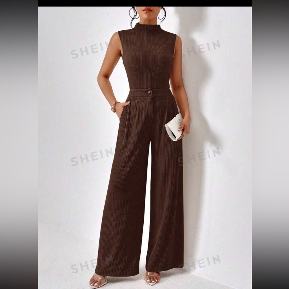 SHEIN Essnce Women's Stand Collar Vest And Wide Leg Pants Set